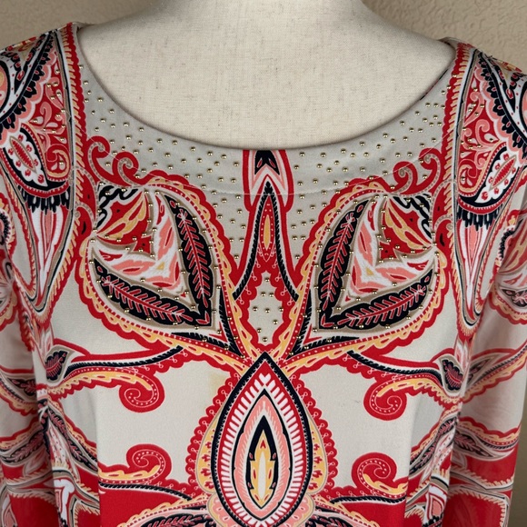 JM Collection Red & Yellow 3/4 Sleeve Blouse. Side Slits. Size- XL - Picture 6 of 10